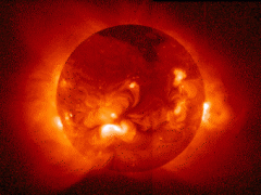 X-ray photo of the Sun showing solar flare hot spots (courtesy of NASA/TRACE)